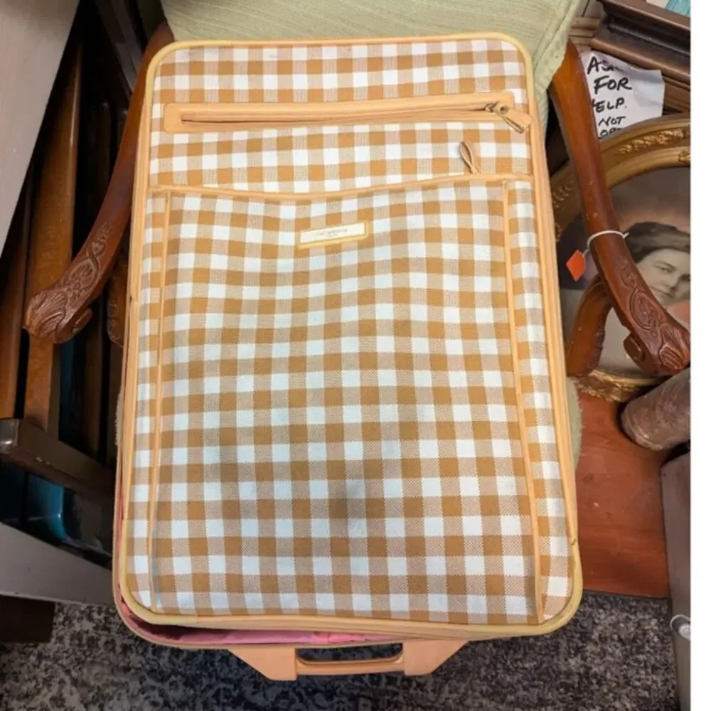 Vintage Liz Claiborne Large Gingham Suitcase Rolling Luggage Orange White